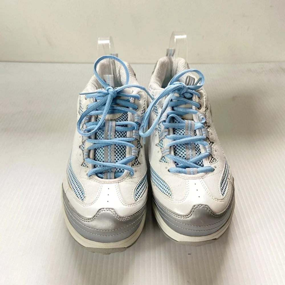 Skechers Shape Ups White Leather Blue Silver Lace Up Sneakers Womens 10